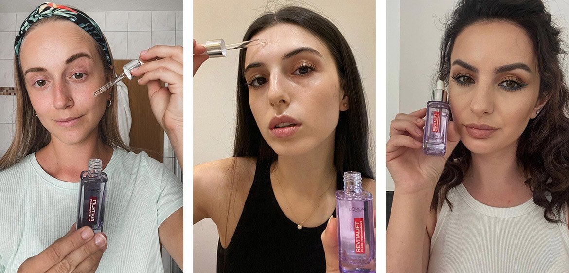 Fotocollage bestehend aus drei Bildern mit jeweils einer Frau die das L'Oréal Revitalift Serum demonstrieren